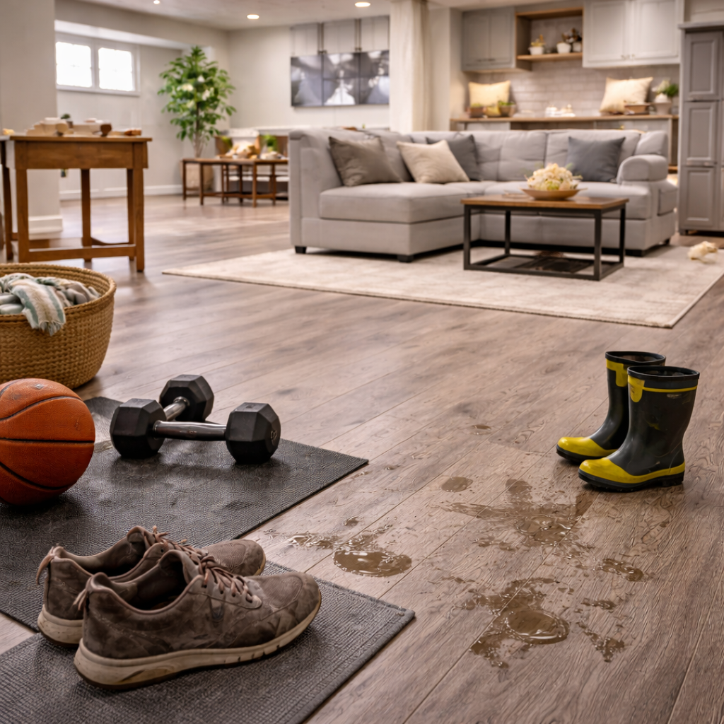 A finished basement with durable, moisture-safe flooring