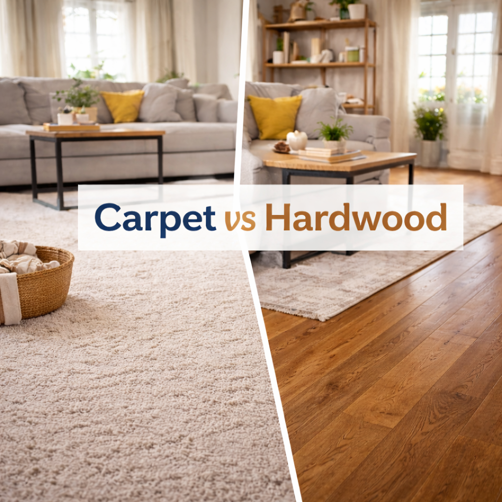 A bright home interior showing comfortable flooring options for comparison