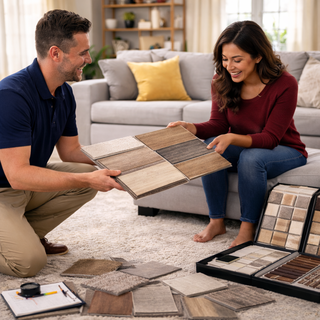 A homeowner reviewing flooring samples with a Carpet Fair consultant during a consultation