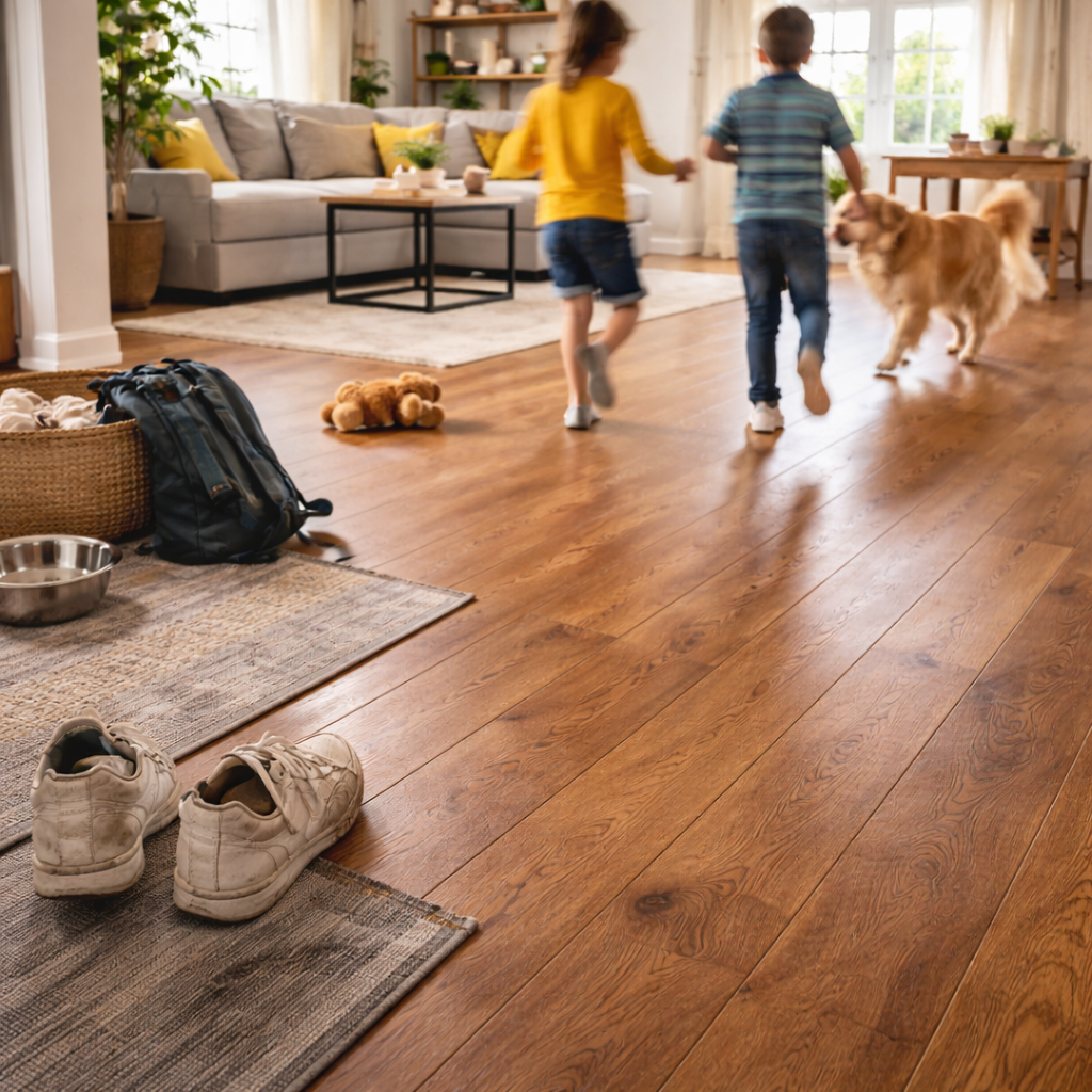 A busy home interior showing durable flooring options for high-traffic areas