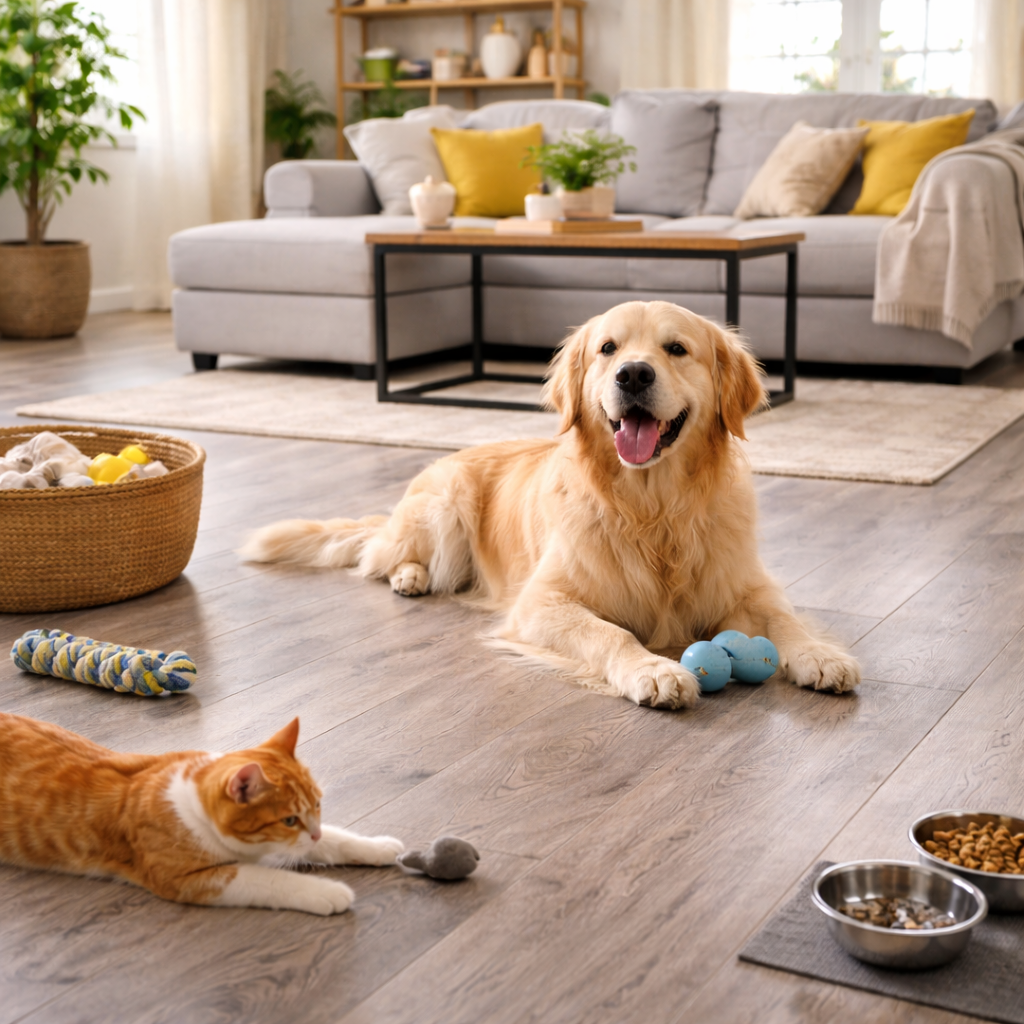 A pet-friendly home interior with durable flooring options