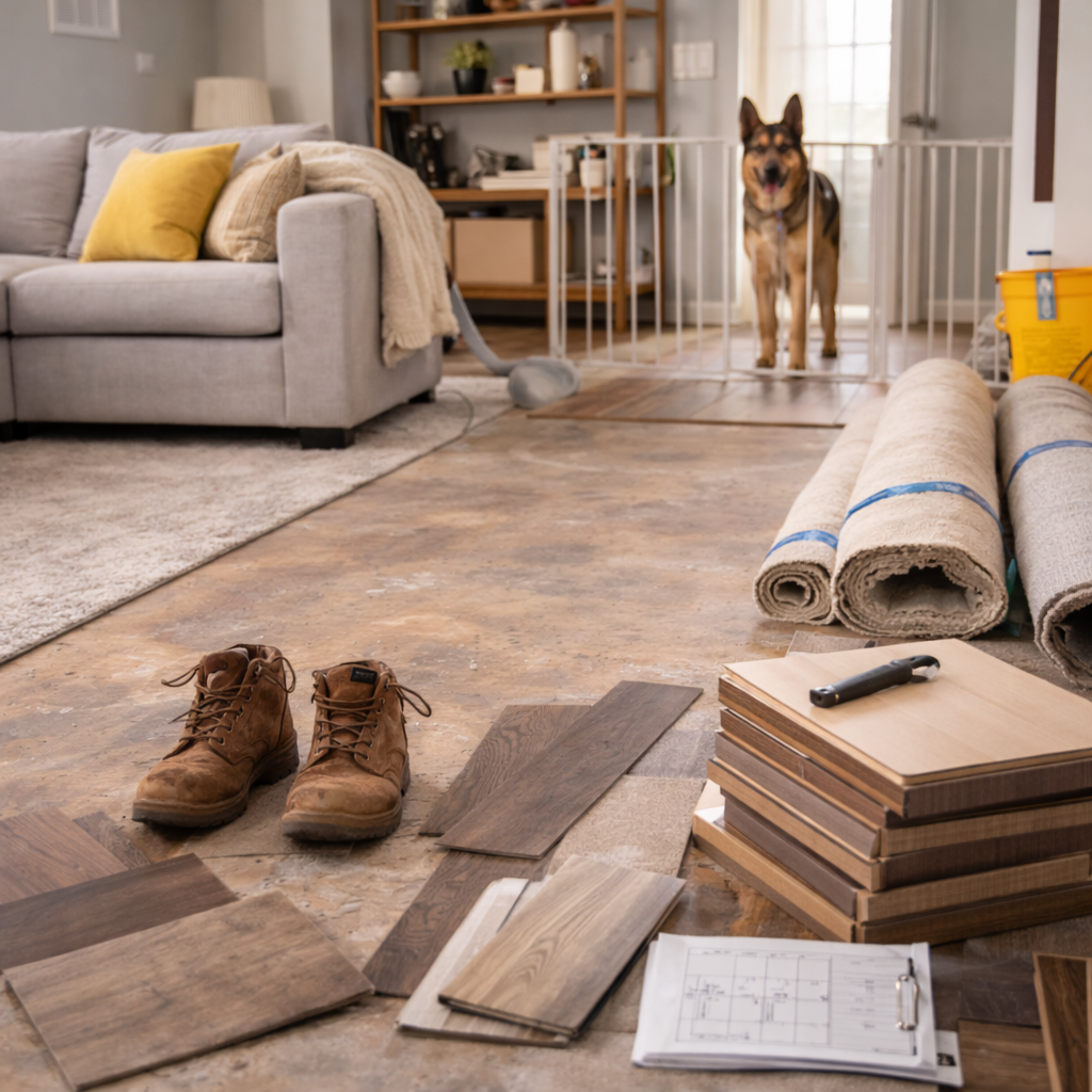 A home being prepared for flooring installation with clear workspace and materials ready