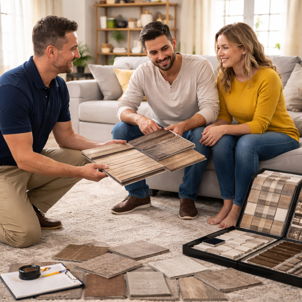 A Carpet Fair consultant presenting flooring samples during a shop-at-home appointment