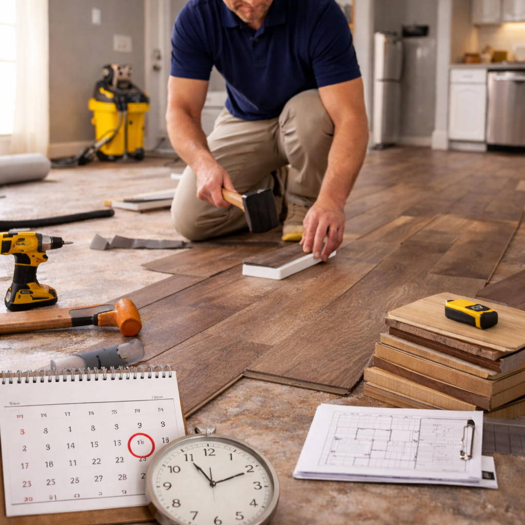 Flooring installation in progress with materials and tools in a residential space